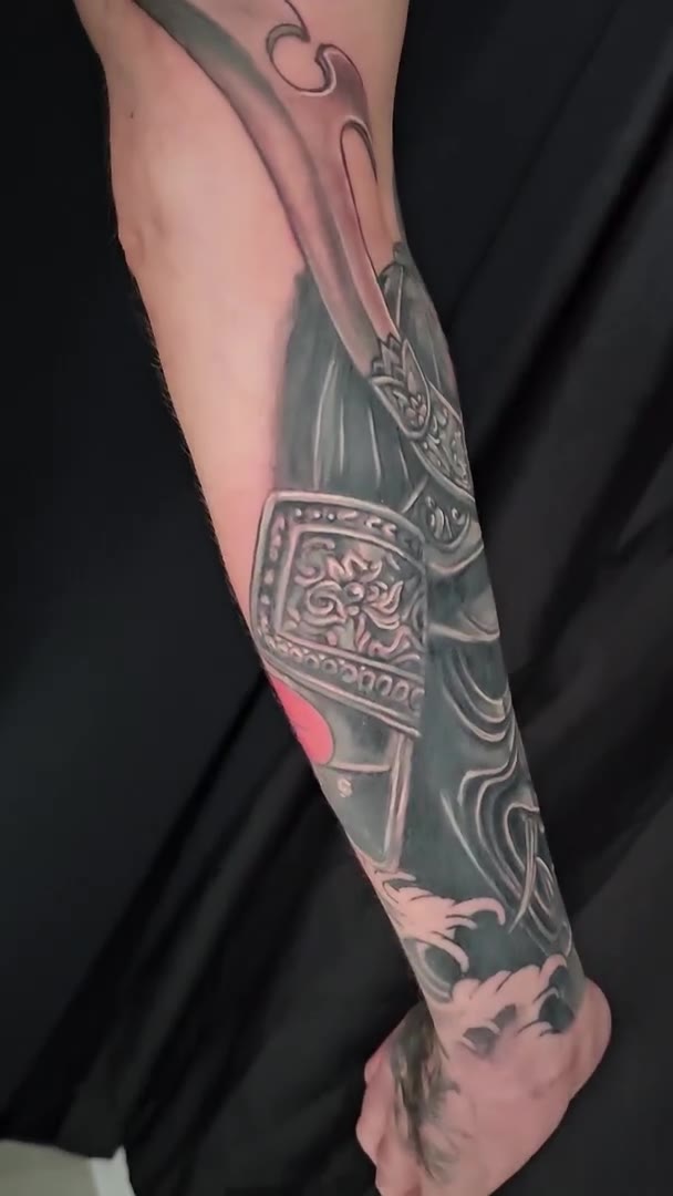 Finished samurai forearm cover-up by Guy Abergel